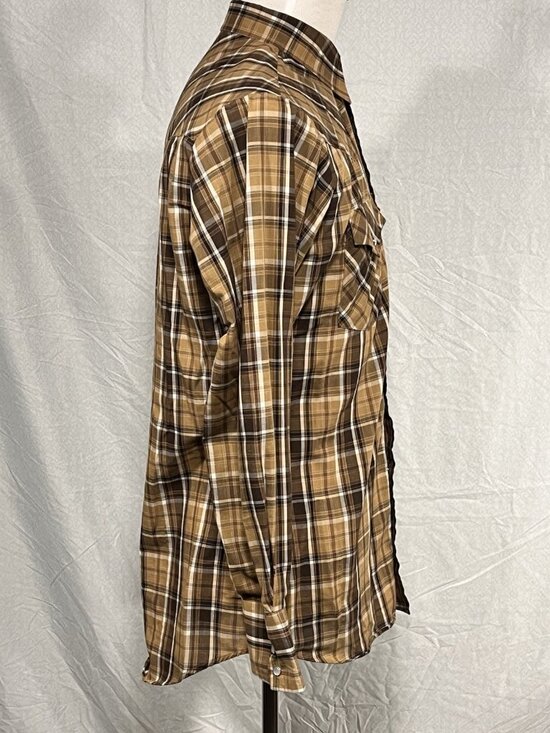 Ely Cattleman Pearl Snap Shirt Mens Medium Tan Brown Plaid Western Long Sleeve - Picture 3 of 9